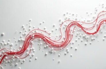 Red thread, white threads network. Abstract design on white background. Minimalist concept of connection, communication, teamwork. Modern technology, telecom, internet, data transmission.