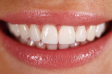 Close-up view showcases a stunning smile featuring bright, white, and perfectly aligned teeth complemented by natural pink lips and soft lighting Generative AI