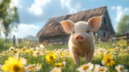 Adorable Piglet on a Farm with Flowers