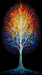 Ethereal stained glass tree with sweeping branches reaching from fiery orange to serene indigo bordered by glistening silver lines on a dark background