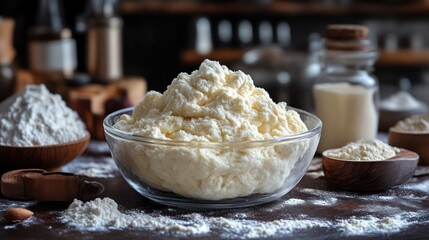 Fototapeta premium Freshly Prepared Dough in a Glass Bowl with Ingredients for Baking Surrounding It