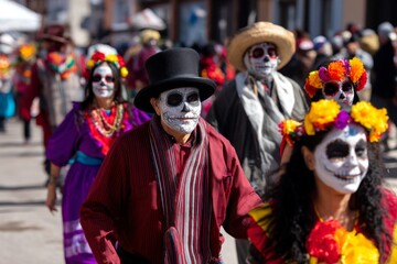 Participants dressed in traditional Mexican attire and festive makeup march proudly through a lively street, celebrating cultural heritage and unity Generative AI