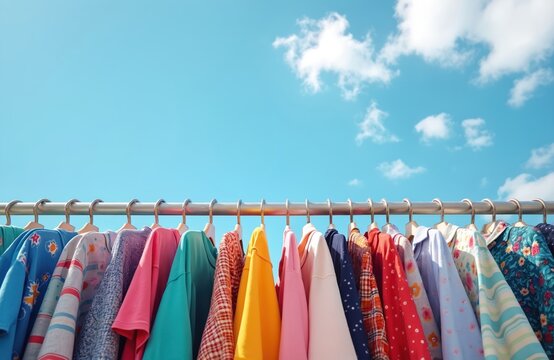 Low angle shot colourful clothes hanging rail. Bright blue sky background with clouds. Fashion garments on display, retail, sale. Second hand, thrift store, used clothing. Shopping, donation.