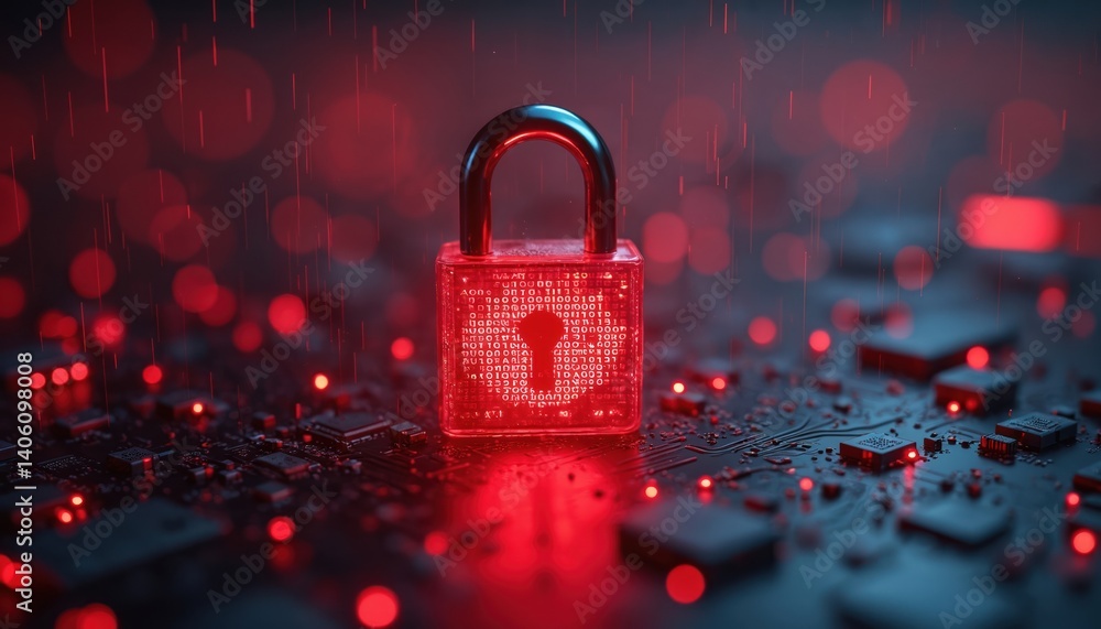 Poster red glowing padlock on computer circuit board. data protection, cybersecurity, cloud solution concep