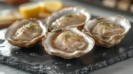 Freshly Prepared Oysters on a Slate Platter with Garnish and Lemon Ideal for Seafood Lovers an