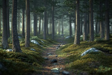 Obraz premium Serene forest path surrounded by trees and moss on a misty morning