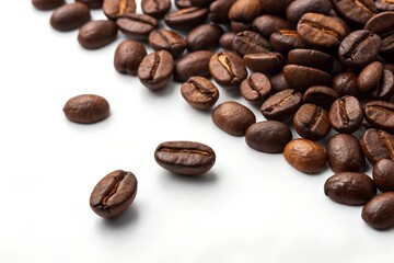 Naklejka premium Roasted Coffee Beans: Aromatic roasted coffee beans scattered on a white background, ideal for cafe menus, coffee packaging, or coffee-related articles.