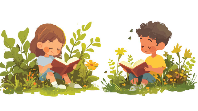 Happy Cartoon Kids Reading Books in Lush Garden Setting