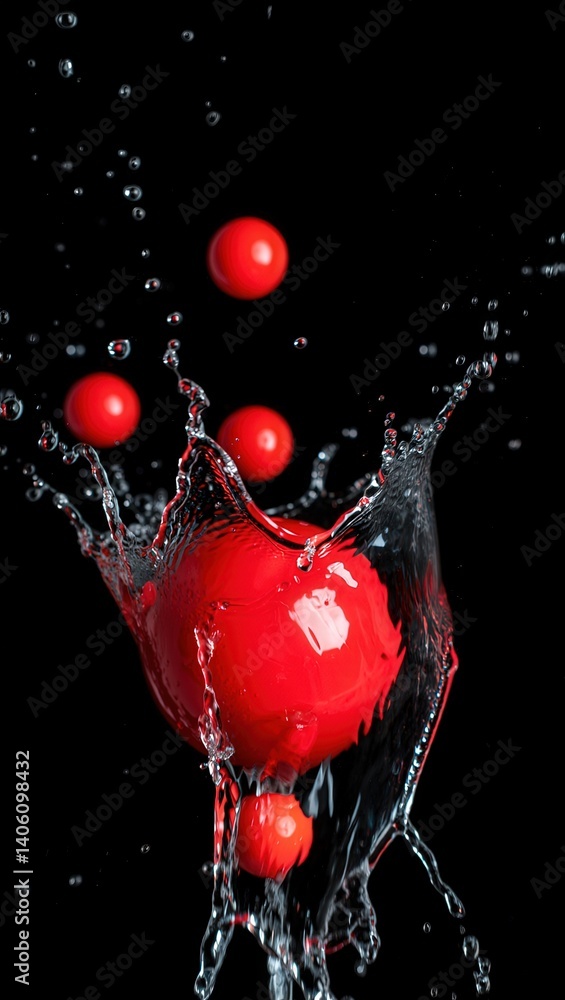 Poster Red balls splashing in water, creating droplets and ripples.