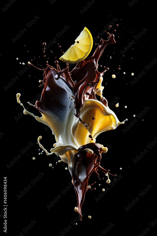 Poster A splash of chocolate milk with lemon and coffee beans, creating an artistic pattern on black background.