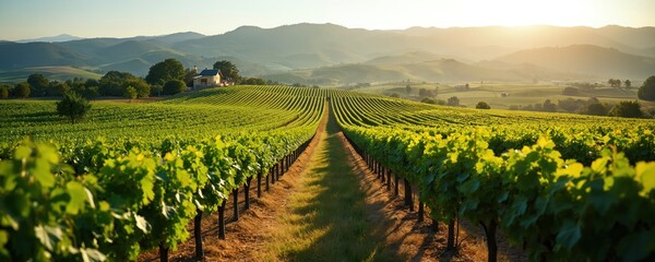 Panoramic view of vineyard rows. Rich green grapevines stretch to horizon. Rolling hills, scenic countryside landscape under sunlight. Farming, wine production theme.