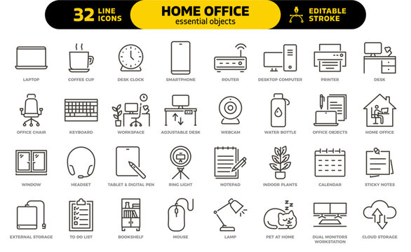 Home office essential objects icon set. Thin line editable stroke icons for remote work, workspace setup, productivity
