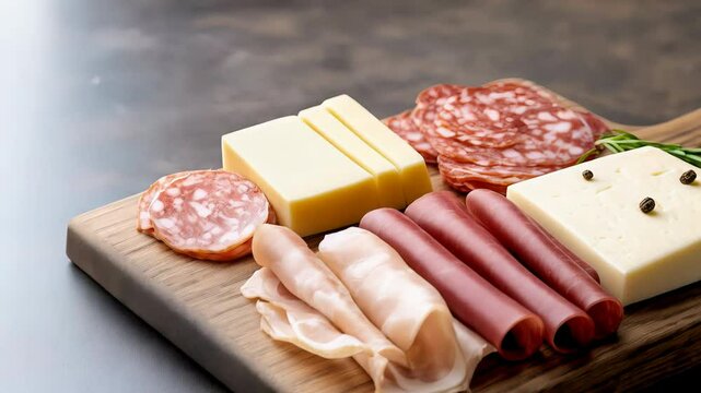 Assortment of cheeses and charcuterie on a wooden serving board Appetizer and snacks Meat and dairy board