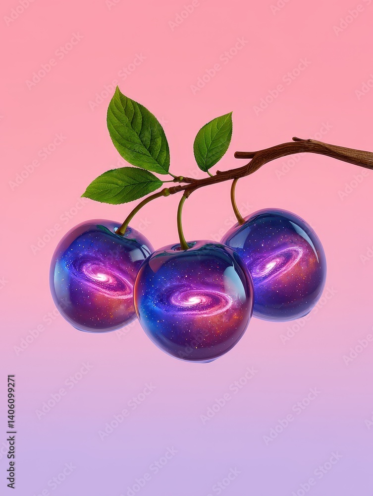 Aufkleber three shiny, purple-colored cherries hanging from a branch, each adorned with a galaxy pattern.