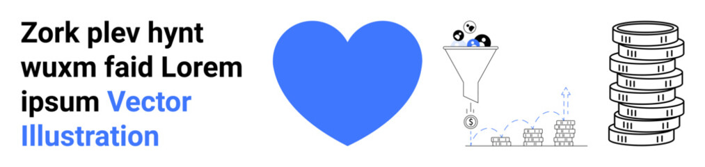 Blue heart, conversion funnel with analytics, scaling data graph, and coin stacks representing love, analysis, and financial success. Ideal for business, marketing, finance data strategy growth