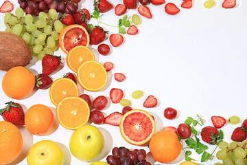 Tropical fruits on sunny table, source of vitamin C, summer banner with space for text, vegan products for healthy lifestyle, detox diet, weight loss concept. store advertising.