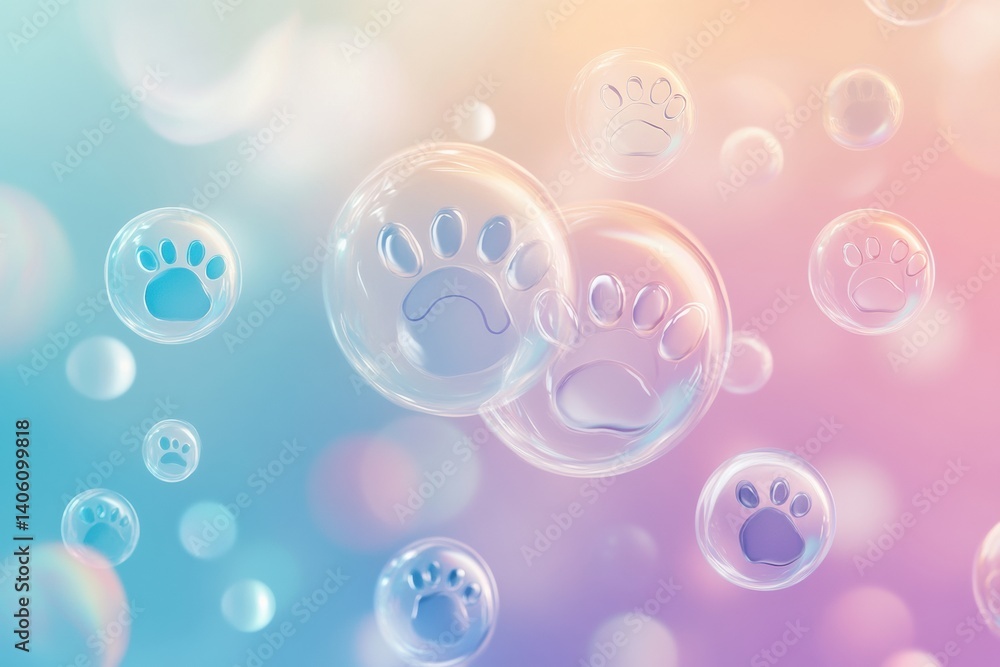 Poster Floating translucent bubbles with paw icons on a soft gradient background suitable for a pet care theme