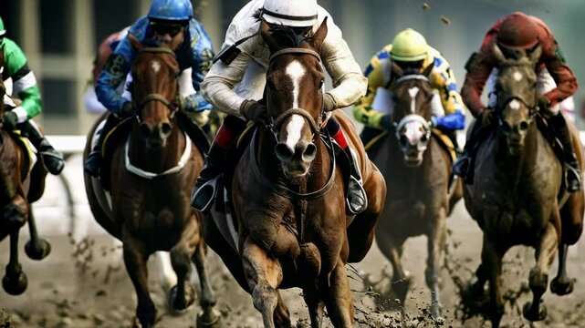 Dynamic low-angle video shot of a horse race, capturing the intensity and speed of the horses and jockeys as they charge forward on a dirt track.