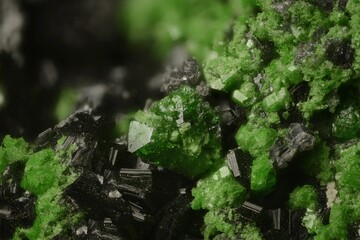 Mineral Uvarovite - Saranovskoe deposit. High magnification microphotography - scale of photography...