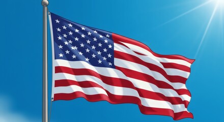 Fototapeta premium American flag waving in the wind with bright blue sky, patriotic scene, symbol of freedom and national pride