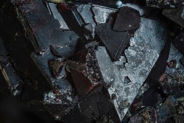 Mineral Cuprite (red copper ore) and silver crystals. Microphotography with high magnification- photo scale 10X