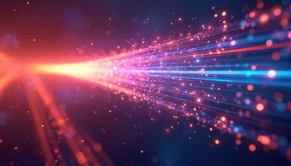 Abstract visualization of data transmission via fiber optic cable section. Horizontal composition with dynamic glowing lines, dots, representing high-speed internet, digital connections. Tech