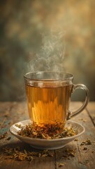An elegant vintage teacup filled with translucent amber herbal tea set against a grunge inspired backdrop with warm tones and deep shadows