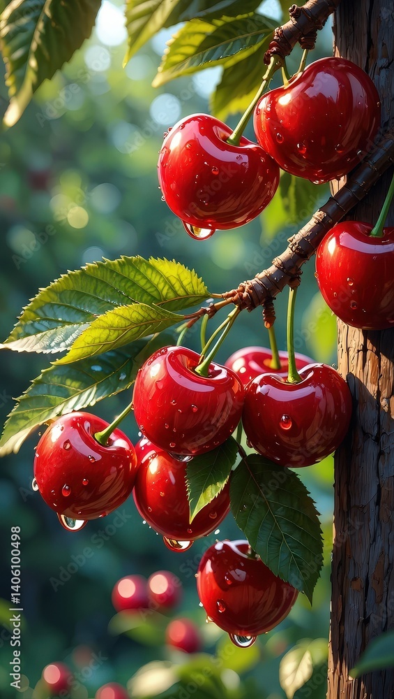 Poster red cherries hanging from tree branches in sunlight.
