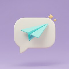 3D rendering of a speech bubble with a blue paper airplane inside