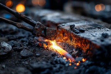 A blacksmith skillfully holds tongs to shape glowing iron, creating sparks. The environment conveys a vintage workshop atmosphere filled with tools and materials Generative AI