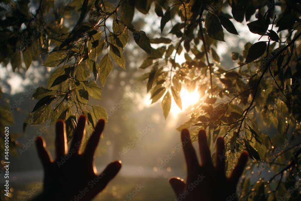 Poster hands extend through lush tree leaves as sunlight filters gently through, creating a warm and tranqu
