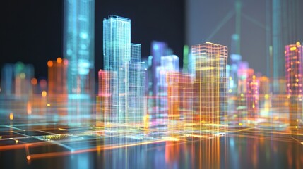 A holographic architecture simulator displaying innovative construction projects in a digital environment