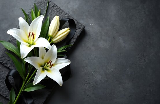 White lily funeral flower on dark stone. Condolence card with copy space for text. Floral arrangement for memorial service. Sympathy card template with flowers.