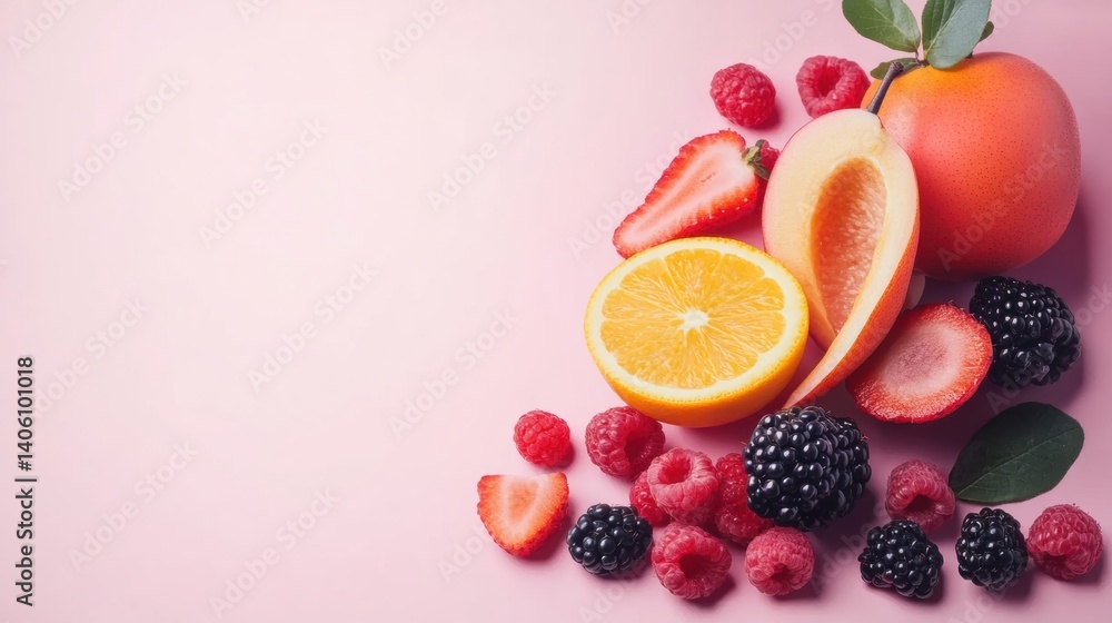 Poster vibrant composition of fresh fruits and berries arranged artistically on a soft pastel background in