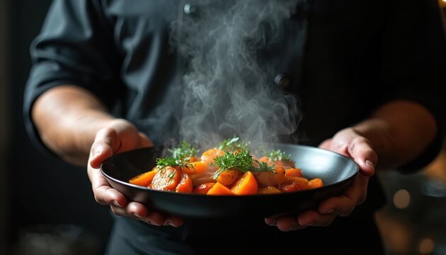Chef presents gourmet dish with steam. Healthy cooked vegetables in pan. Molecular gastronomy or cuisine concept. Restaurant menu design. Hot fresh food serving. Epicurean chef work.
