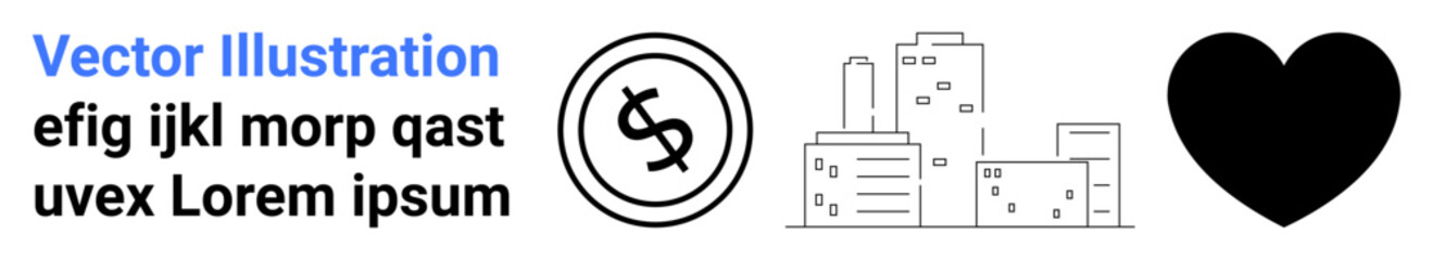 Dollar exchange logo, minimalist cityscape, bold heart shape. Ideal for finance, economy, urban growth, sustainability, charity love modern concepts. Abstract line flat metaphor