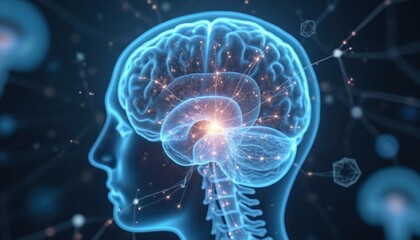 3D hologram of human nervous system in head silhouette. Brain neurons, neural network with connected data. Futuristic high tech illustration. Science, medicine, AI, tech, biology and mental health.
