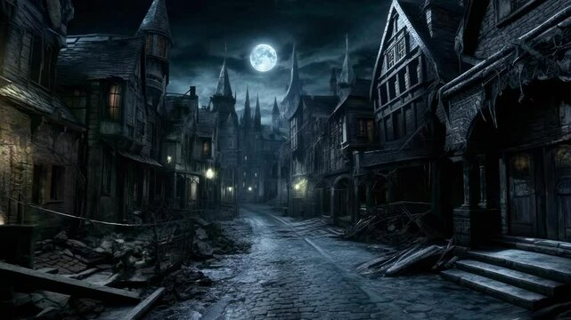 Gothic street scene with eerie, moonlit atmosphere. Low-angle shot enhances the haunted vibe, ideal for a horror video setting.