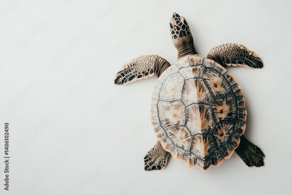 Poster Top down view of a turtle with a patterned shell on a minimalist white background showcasing natural beauty and intricate design