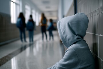 Fototapeta premium A student sits quietly in a school hallway, dressed in a hoodie. Classmates walk past, engaged in conversation, highlighting the loneliness felt Generative AI
