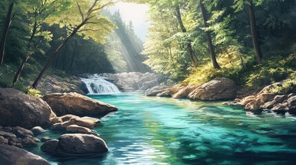 Naklejka premium A river with a waterfall and a forest in the background