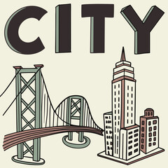 Fototapeta premium Bold 'CITY' design crafted with architectural elements like skyscrapers and bridges in each letter.