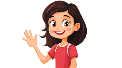 Cheerful Cartoon Girl Waving Hand Gesture - Cute Smiling Character Illustration