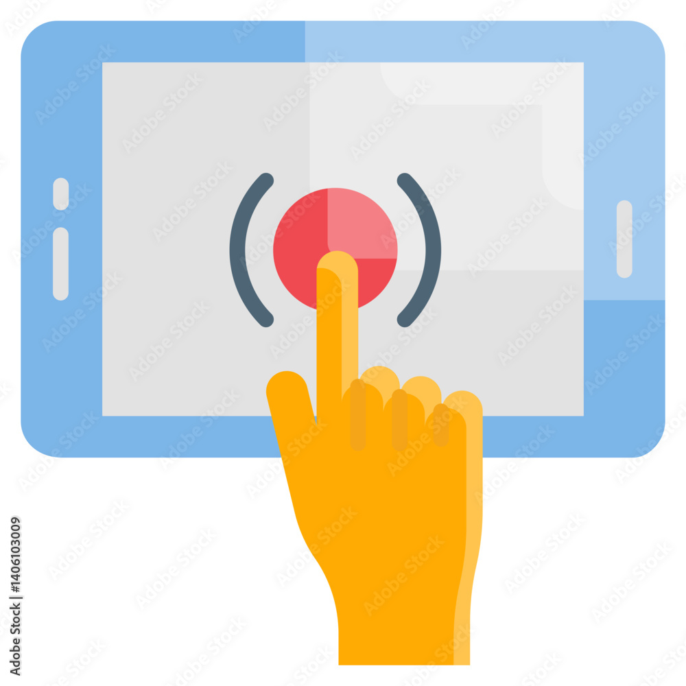 Poster hand touching tablet screen red button digital interface technology