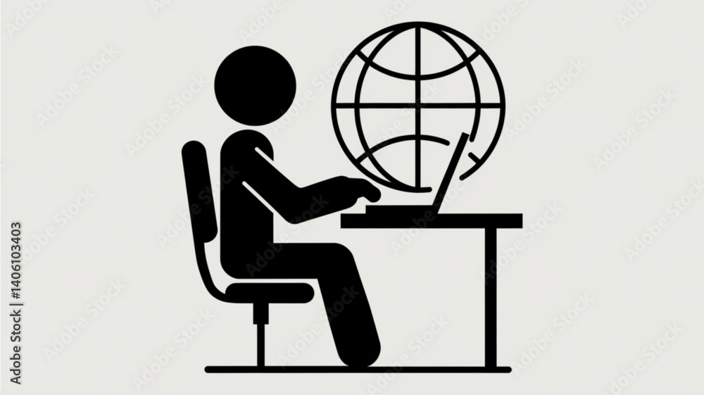 Aufkleber a simple pictogram shows a person seated at a desk, using a laptop with a globe representing the int