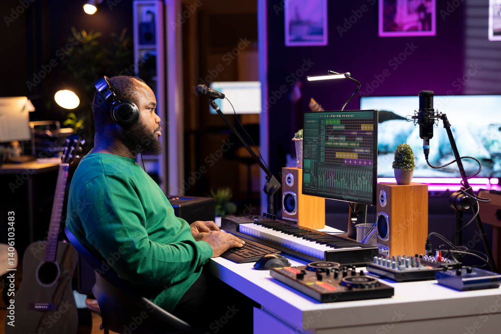 Poster Audio engineer working on editing old recordings in home studio, mixing and mastering on digital software. Young producer operating on stereo console and equipment, music industry.