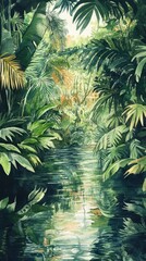 Obraz premium A painting of a jungle with a river running through it