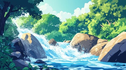 Fototapeta premium A waterfall is flowing down a rocky river