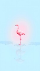 Obraz premium Graceful flamingo illustration in shallow water vibrant pink feathers and long neck in clean dynamic lines against a serene pastel blue backdrop