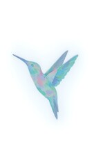 Vibrant hummingbird in mid flight with iridescent feathers in shades of blues and greens against a soft pastel white background